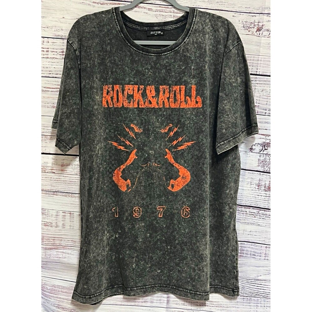 NWOT Zutter Rock & Roll 1976 Graphic Tee M Washed Black Mineral Wash Band Tour